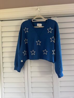 Simply Southern Blue Pearl Embellished Sweatshirt with Gold Logo Tag